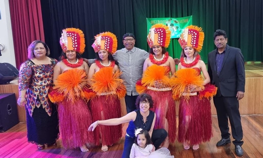 Bob and family with dancers at a Pacific community celebration in Melbourne